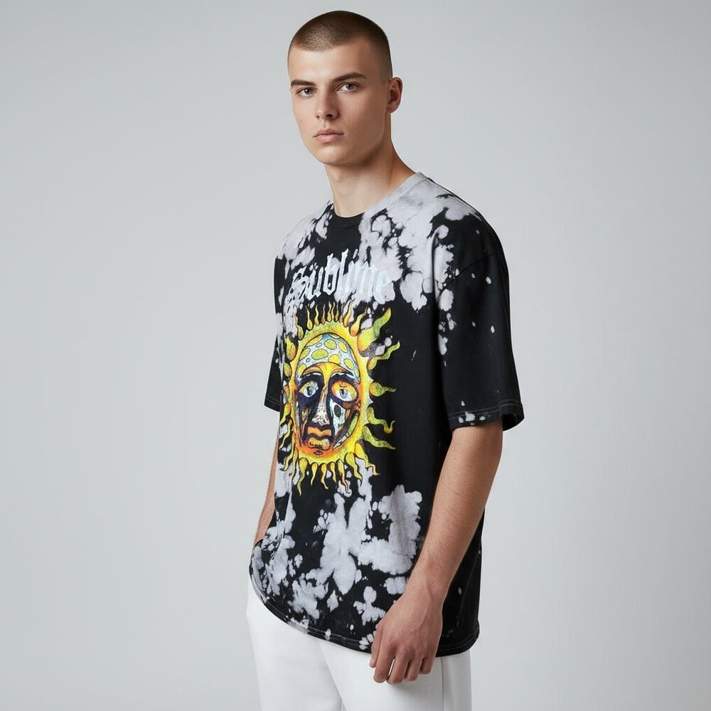 Black Tie-Dye Short Sleeve Tee with Sun Graphic